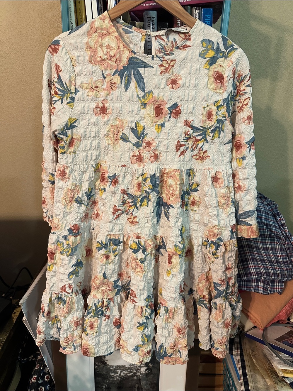 Zara Cream Floral Tiered Dress with Pink and Blue Flowers